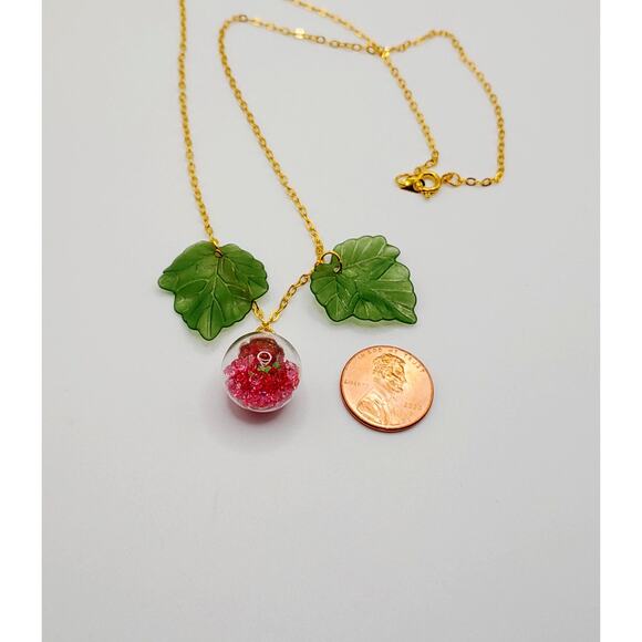 Pink Glass Globe Necklace & Earrings Set Green Leaf Botanical Jewelry Gift - Picture 3 of 3